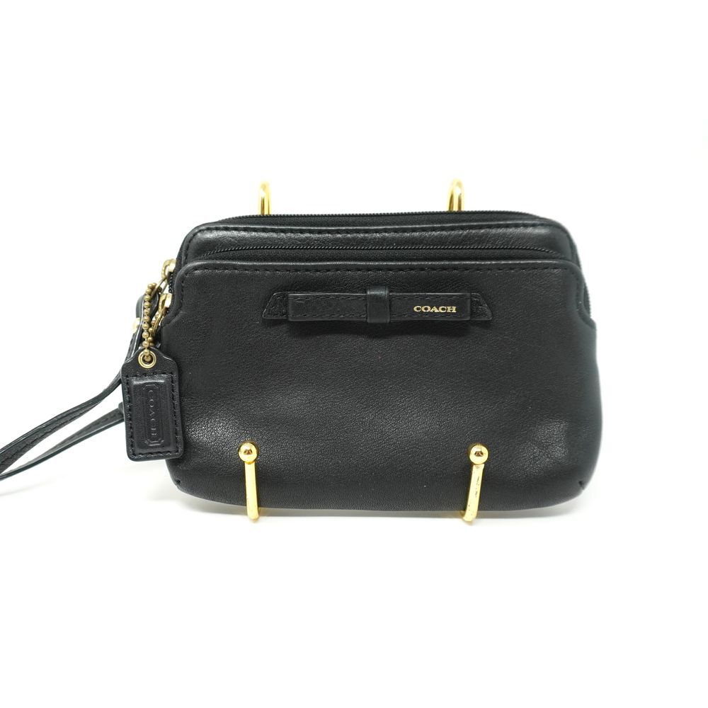 Coach Black‎ Leather Double Zipper Front Bow Accent Silver Tone Wristlet